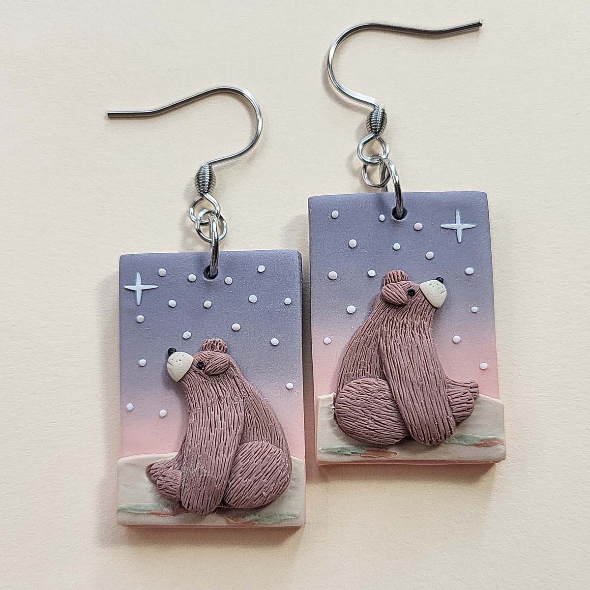 Handmade Grizzly bear polymer clay earrings, cute bear lover jewelry gift for women – Rankų darbo auskarai su meškiukais 