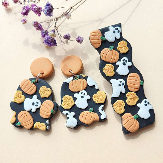 Handmade polymer clay Halloween ghost & pumpkin earrings