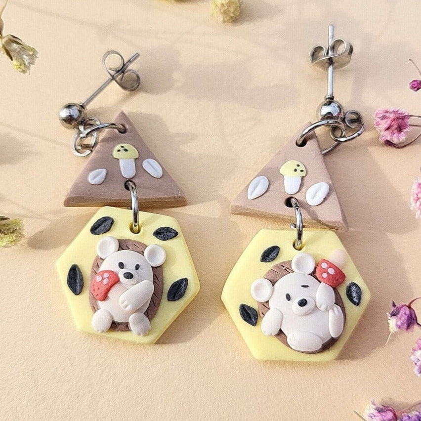 Cute cottagecore hedgehog earrings with mushroom