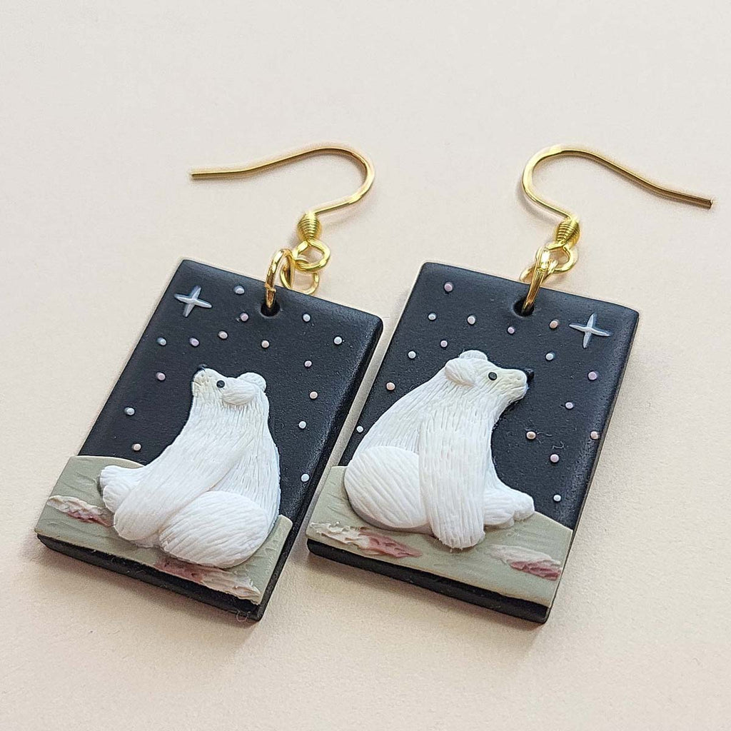 Polar bear polymer clay earrings, cute polar bear jewelry gift – Rankų darbo auskarai su baltuoju lokiu