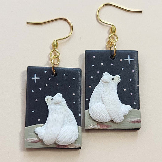 Handmade polar bear polymer clay earrings, cute polar bear jewelry gift – Rankų darbo auskarai su baltuoju lokiu