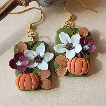 Cute pumpkin flower polymer clay earrings - Rankų darbo auskarai su moliūgu ir gėle