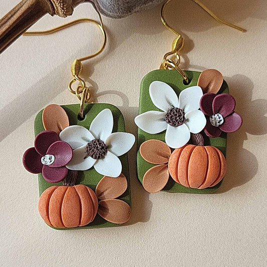Cute pumpkin flower polymer clay earrings - Rankų darbo auskarai su moliūgu ir gėle
