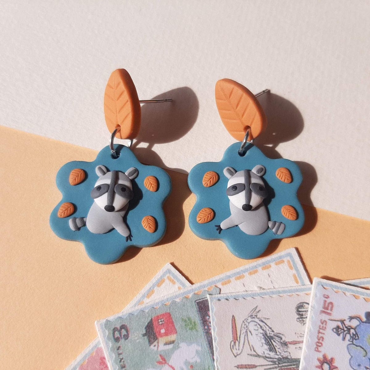 Cute raccoon earrings | handmade animal polymer clay jewelry