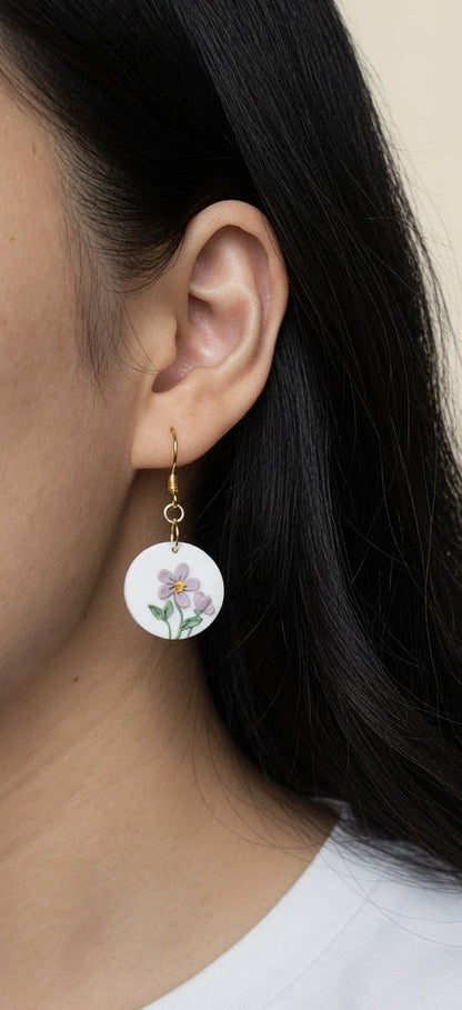 Pendientes de Flor Violeta - Pendientes de Arcilla Polimérica - Regalo de Joyería para Mujeres