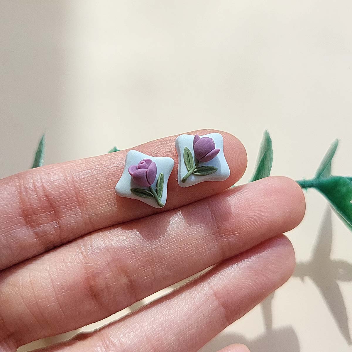 Cute purple Tulip flower stud earrings handmade polymer clay jewelry