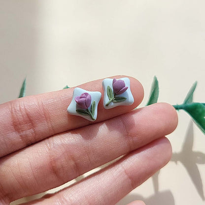 Cute purple Tulip flower stud earrings handmade polymer clay jewelry