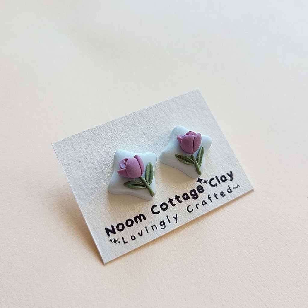Cute purple Tulip flower stud earrings handmade polymer clay jewelry