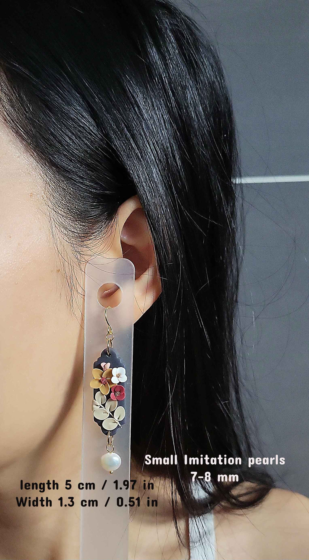 Dainty flower polymer clay earrings with small white pearls