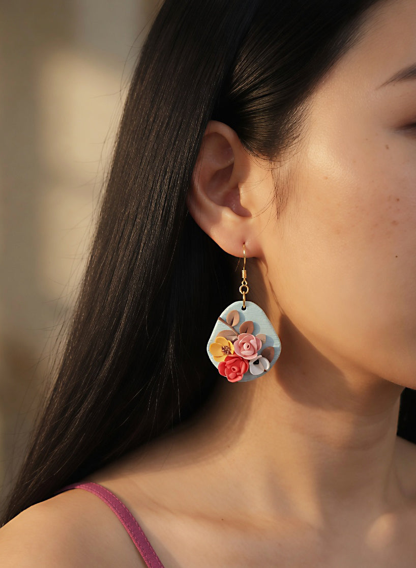 Dainty dangle flower clay earrings handmade jewelry gift for her - ranku darbo auskarai su gelemis