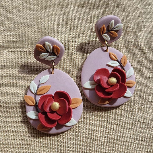 Dainty flower polymer clay earrings - Rankų darbo auskarai su raudona gėle