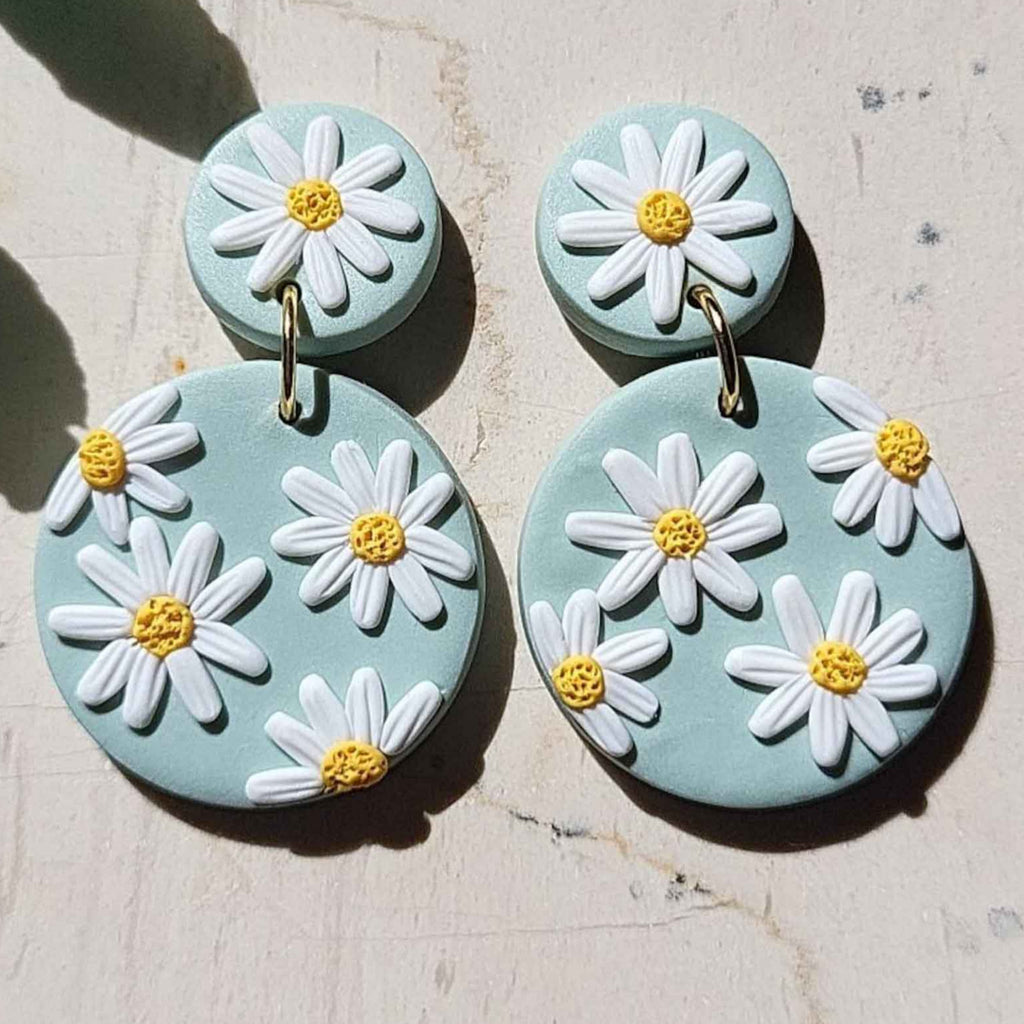 Polymer clay white Daisy earrings 