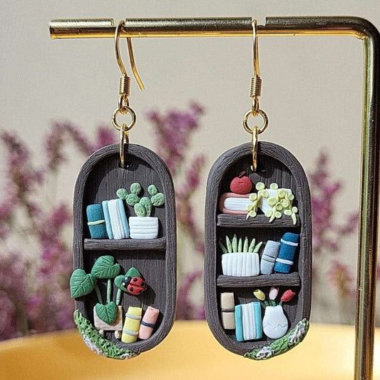 Cottagecore dangle bookshelf earrings - handmade polymer clay plant earrings