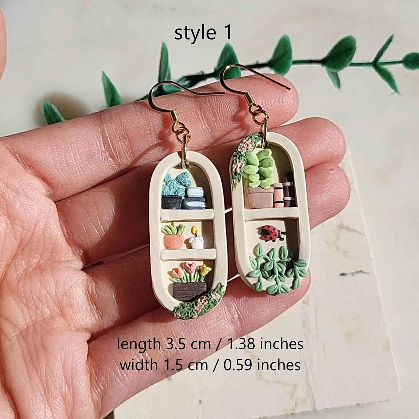 Dangle drop bookshelf and plant earrings