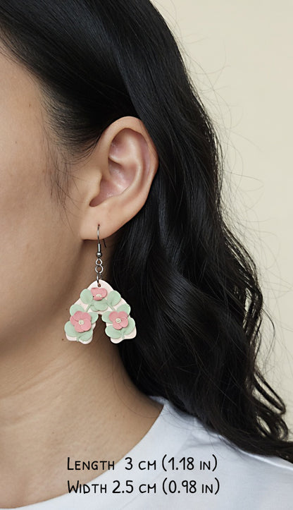 Drop pink floral clay earrings handmade