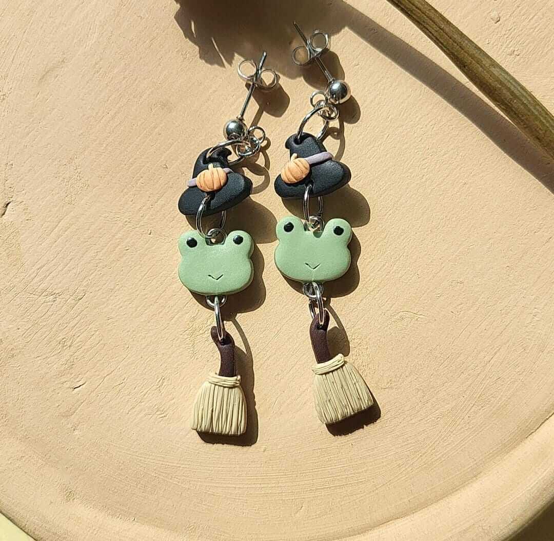 Cute small dangle frog witch earrings 