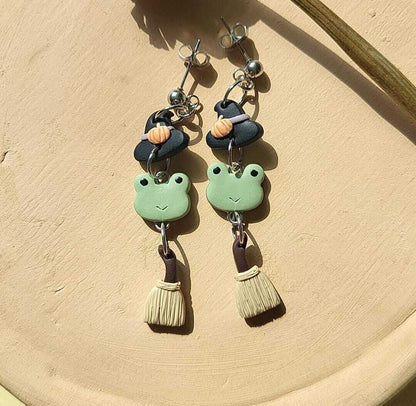 Cute small dangle frog witch earrings