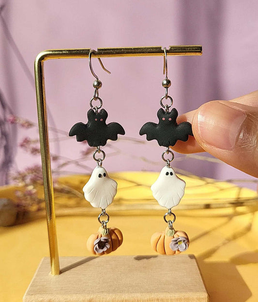 Small dangle Halloween ghost pumpkin bat polymer clay earrings