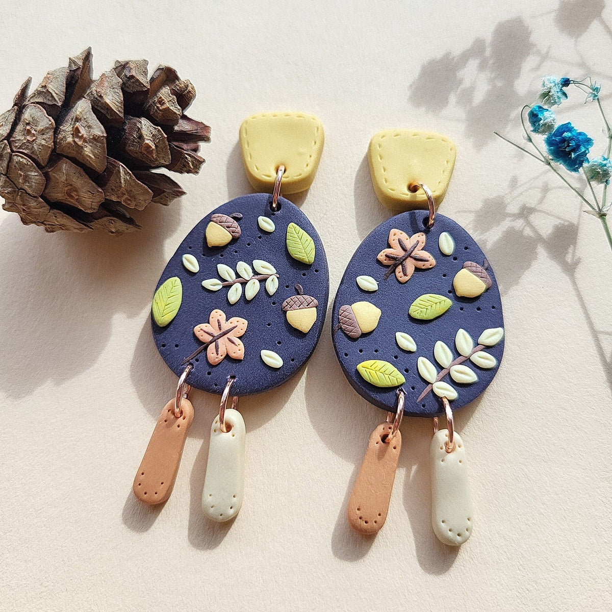 Handmade Dangle Leaf and Acorn Polymer Clay Earrings – Boho