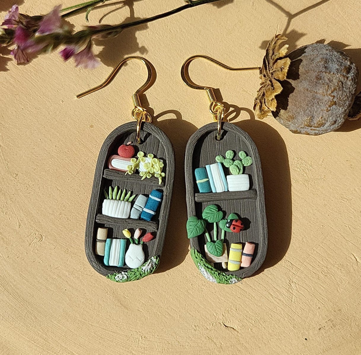 Dangle polymer clay plant shelf earrings