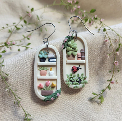 Handmade cute dangle plant shelf book polymer clay earrings with ladybug