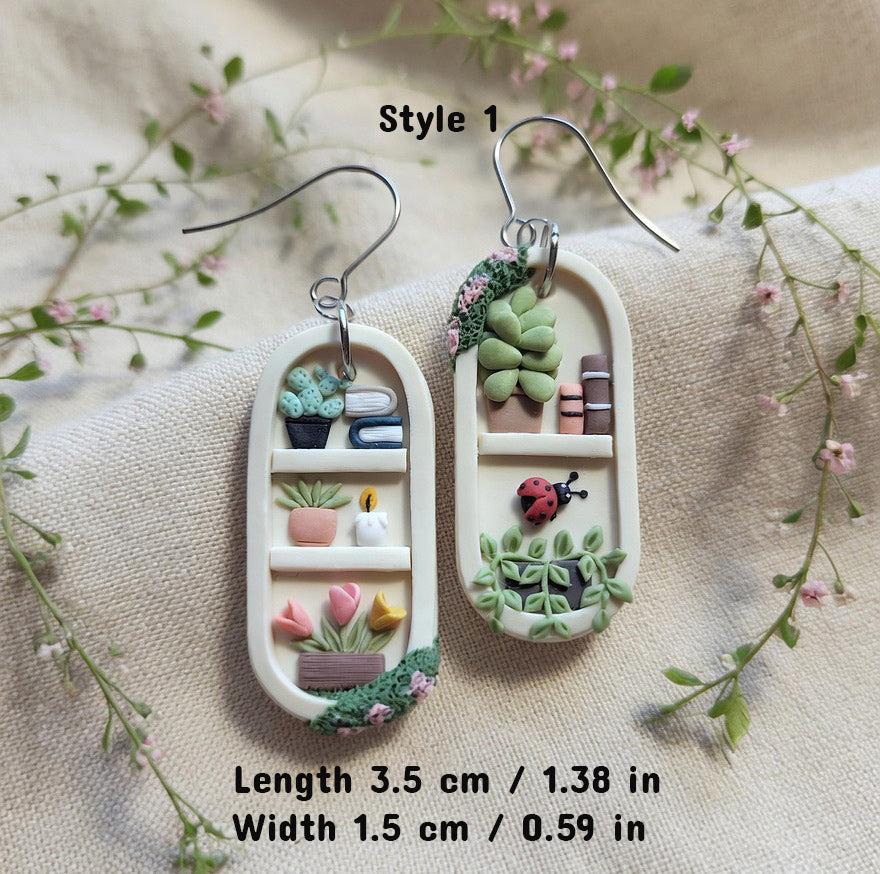 Dangle cute bookshelf and plant earrings polymer clay handmade jewelry gift for plant lovers