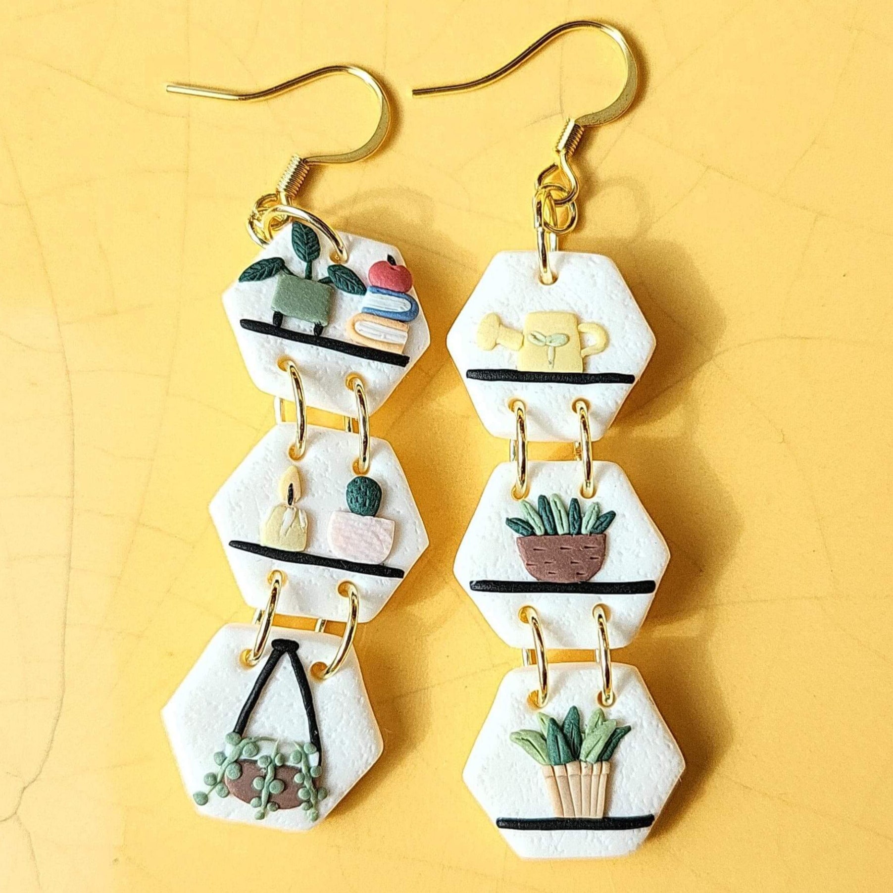 Dangle plant shelf polymer clay earrings