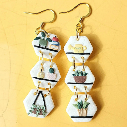 Dangle plant shelf polymer clay earrings