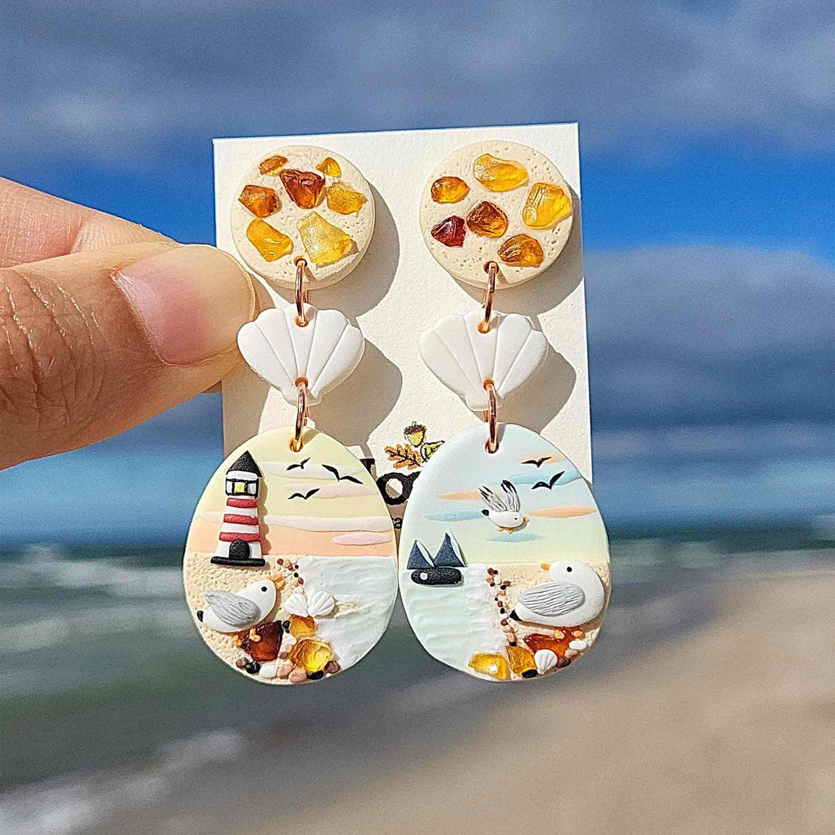 Dangle sea earrings with natural amber stone from Baltic sea Lithuania - Rankų darbo auskarai su vandenyno ir gintaro detalėmis