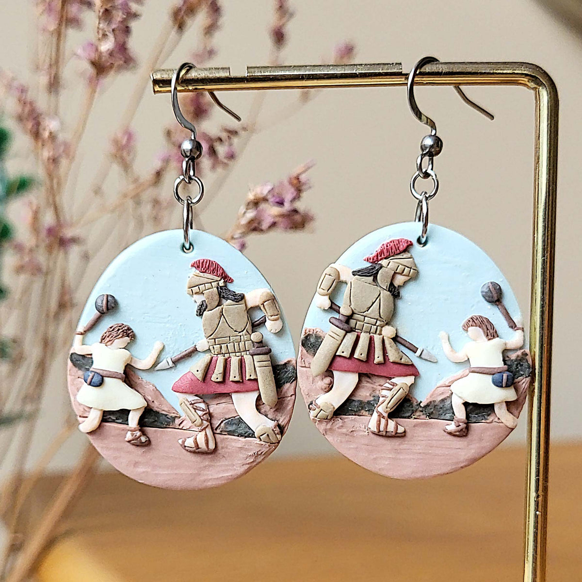 David and Goliath earrings handmade from polymer clay - A unique gift for Christian women - Rankų darbo auskarai „Dovydas ir Galijotas