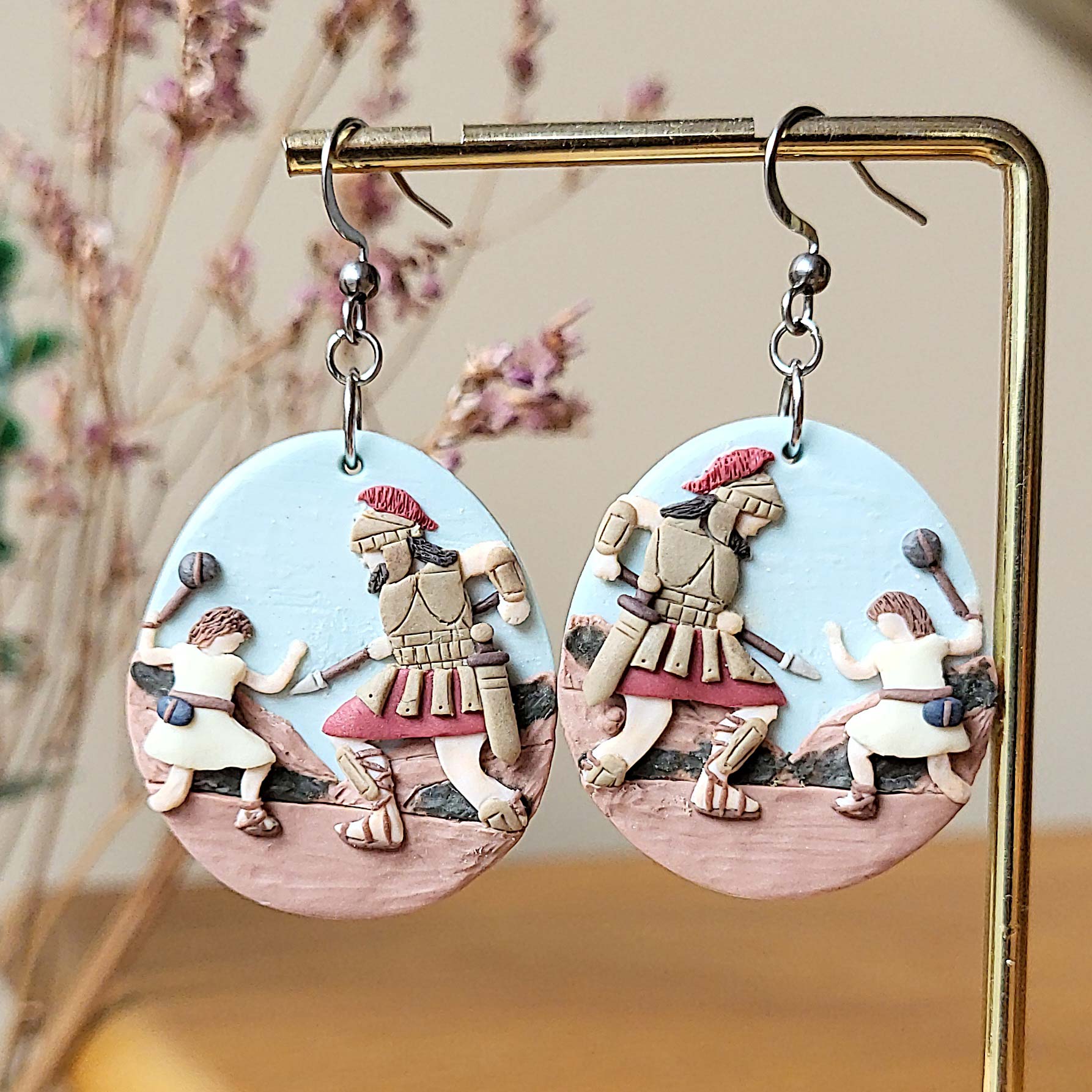 David and Goliath earrings handmade from polymer clay - A unique gift for Christian women - Rankų darbo auskarai „Dovydas ir Galijotas