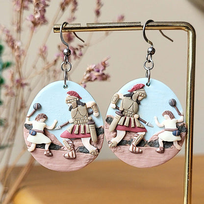 David and Goliath earrings handmade from polymer clay - A unique gift for Christian women - Rankų darbo auskarai „Dovydas ir Galijotas