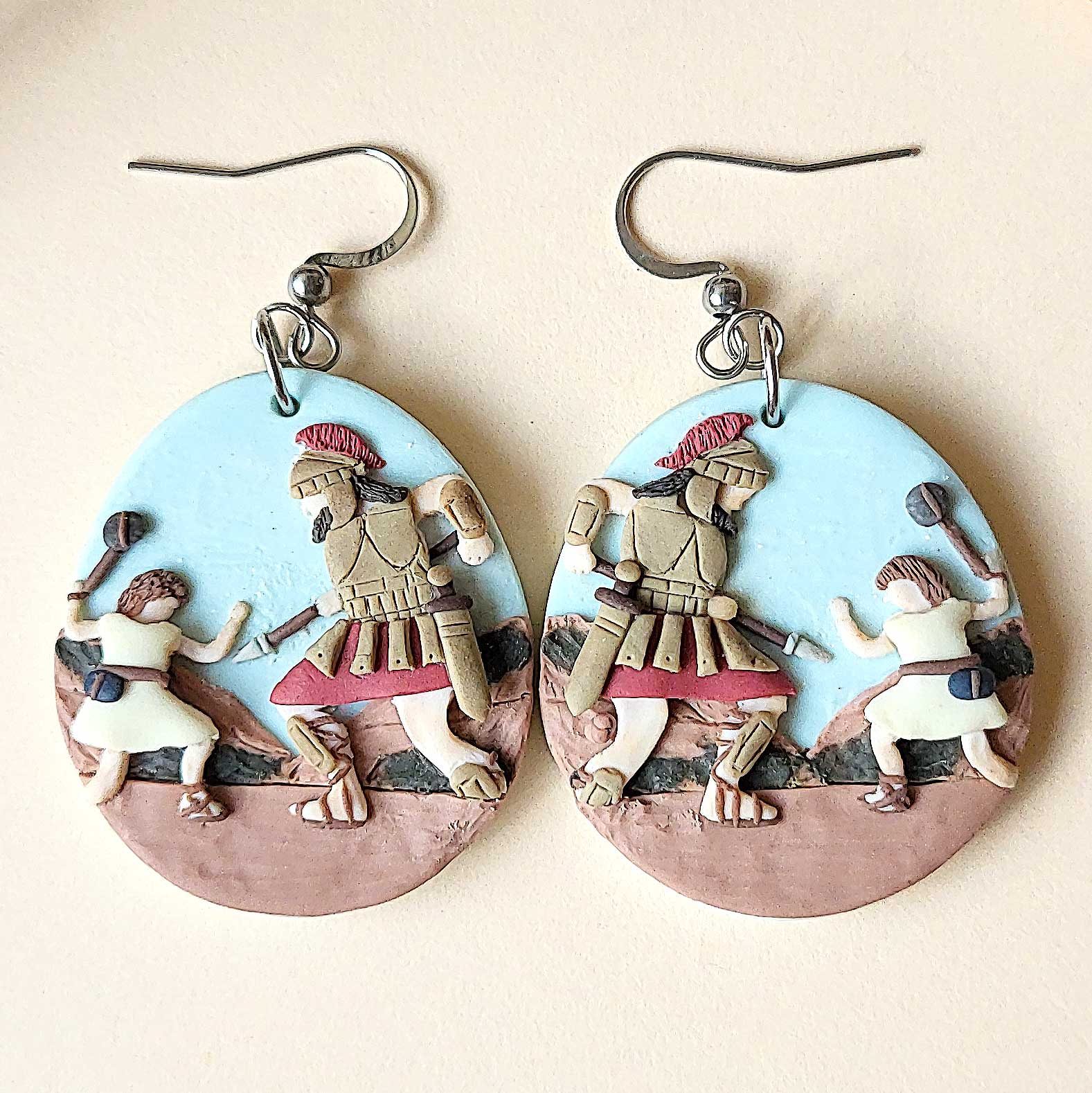 David and Goliath earrings handmade from polymer clay - A unique gift for Christian women
