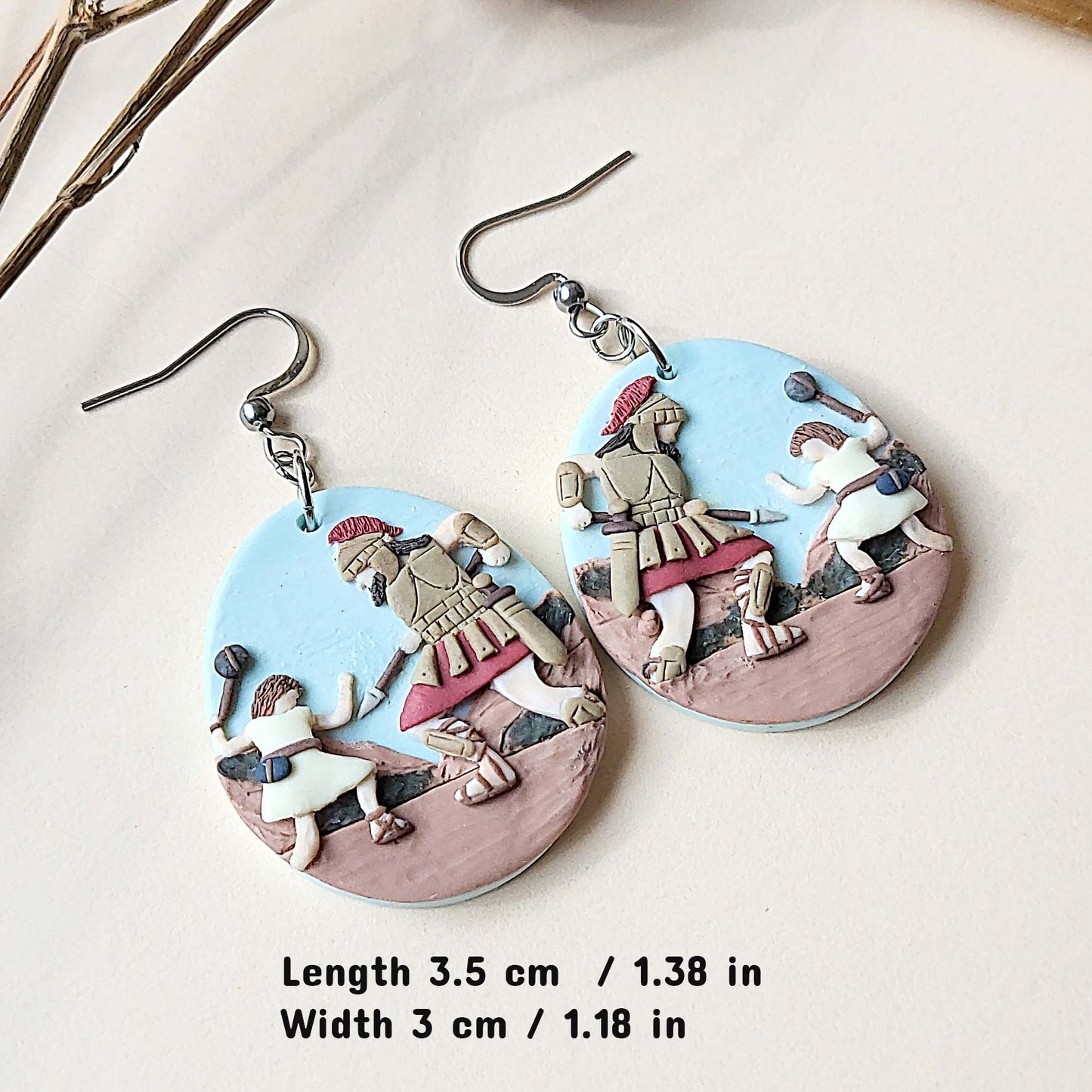 Christian David and Goliath earrings handmade from polymer clay 