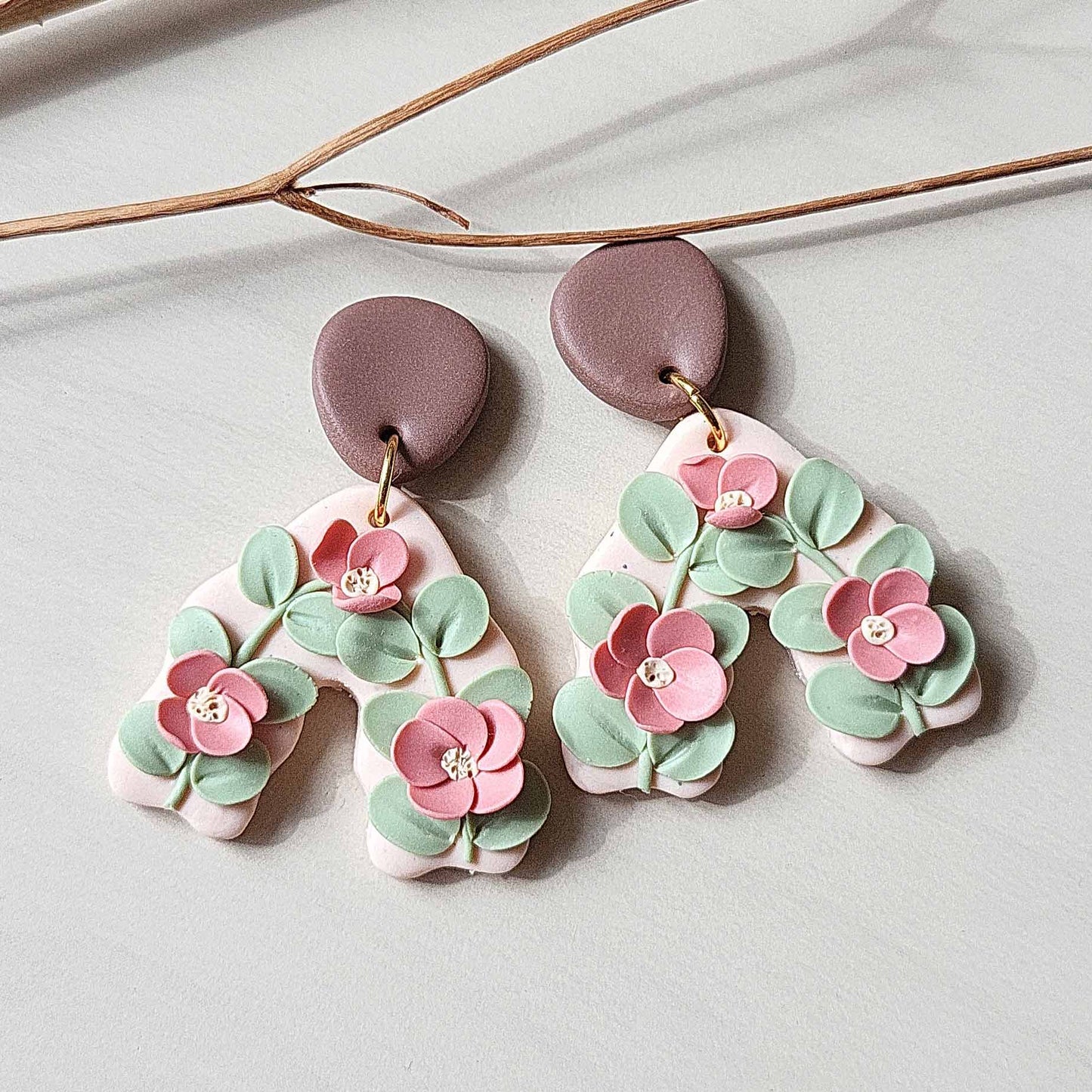 Pink flower polymer clay earrings