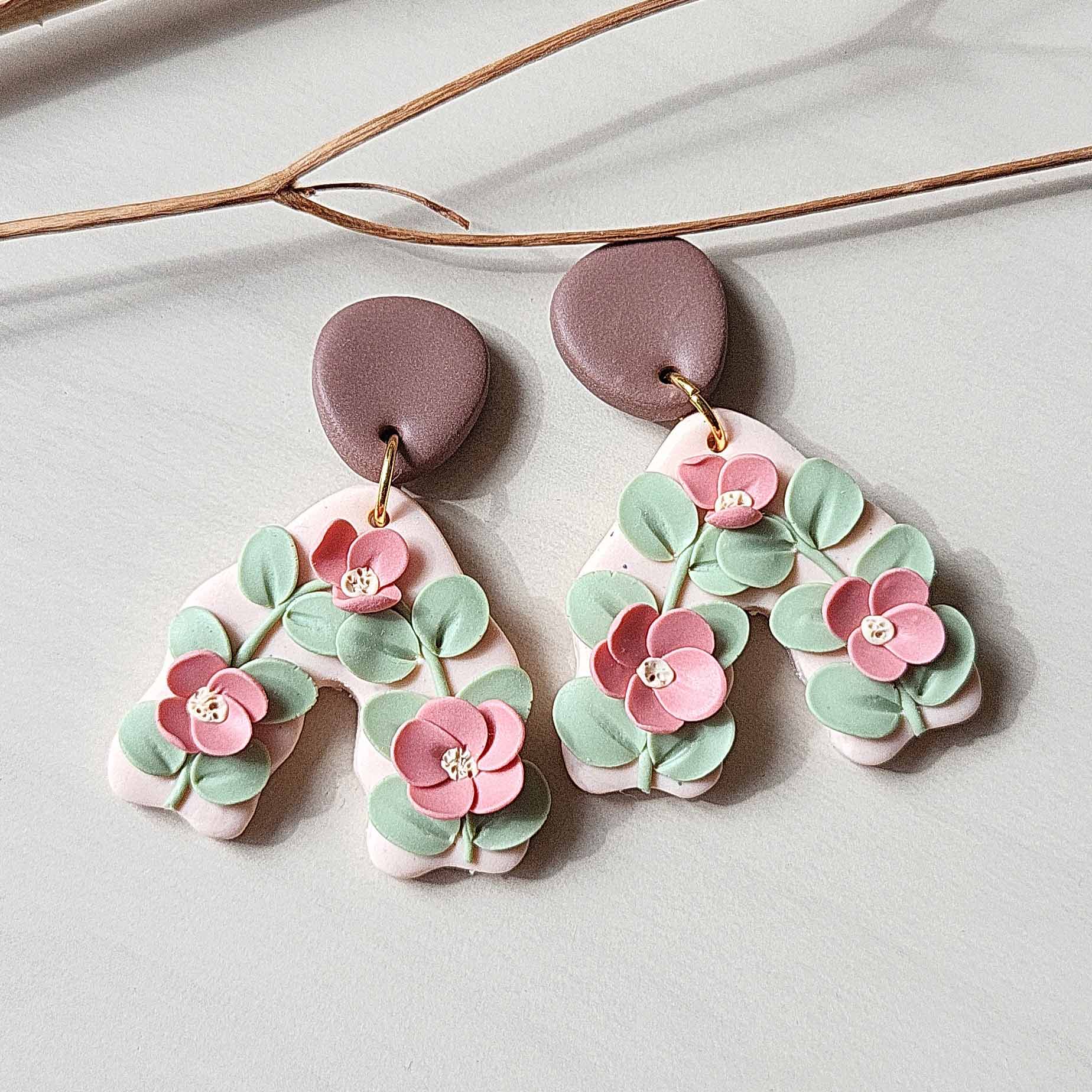Pink flower polymer clay earrings