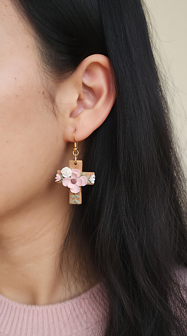 Easter flower cross polymer clay earrings