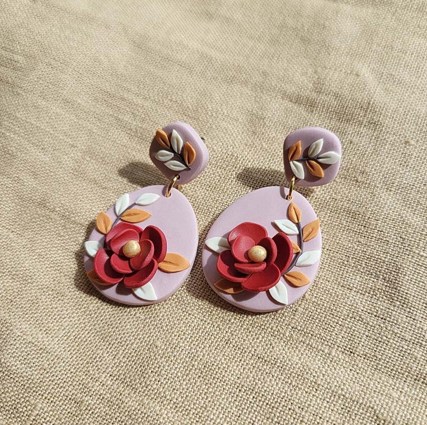 Polymer clay red flower earrings - Rankų darbo auskarai su raudona gėle