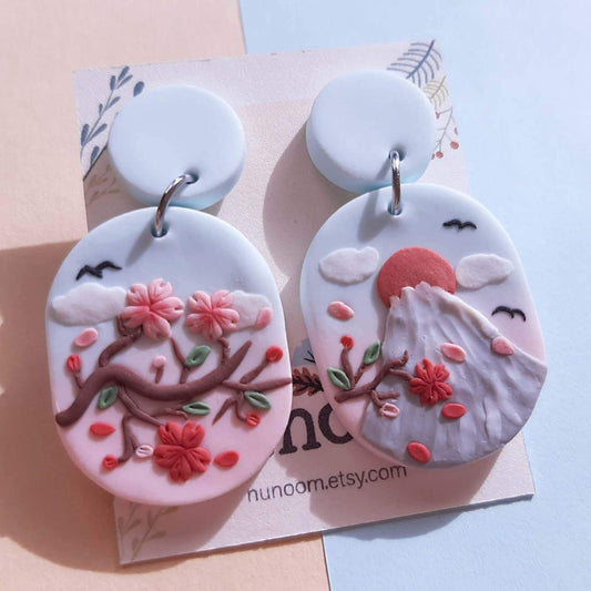 Sakura flower and fuji mountain earrings - Rankų darbo auskarai „Sakuros ir Fudži kalnas“