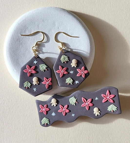 Handmade polymer clay gingerbread earrings & hairclip