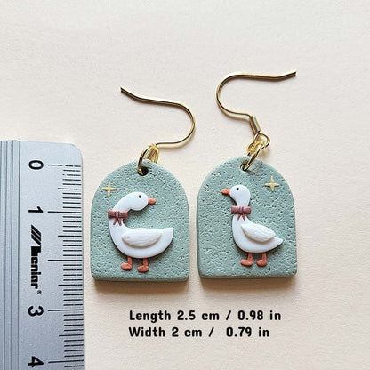 Cute cottagecore goose polymer clay earrings handmade jewelry gift for women - Rankų darbo auskarai su žąsies dizainu iš polimerinio molio