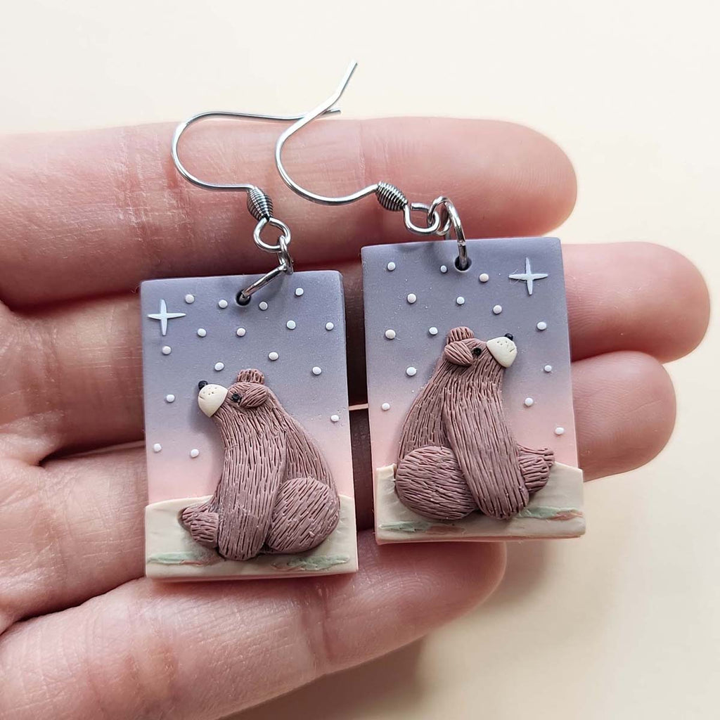 Handmade Grizzly bear polymer clay earrings, cute bear lover jewelry gift for women – Rankų darbo auskarai su meškiukais 