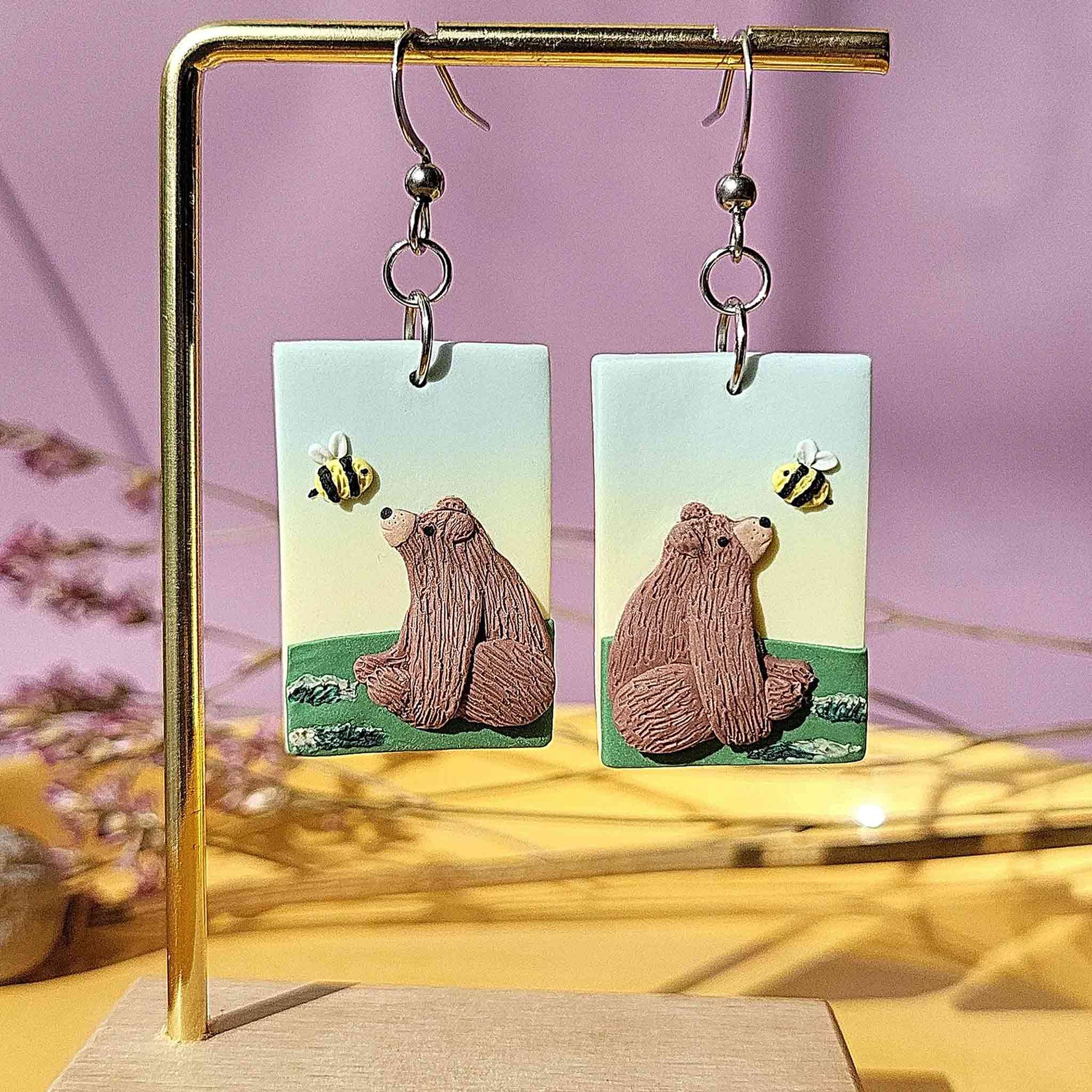 Cute Grizzly bear earrings handmade - Unique gift for bear lovers