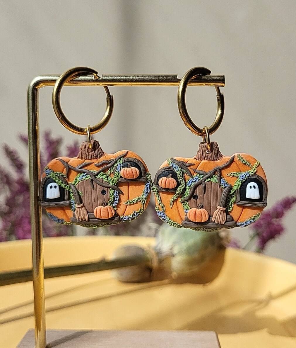 Halloween pumpkin house earrings polymer clay