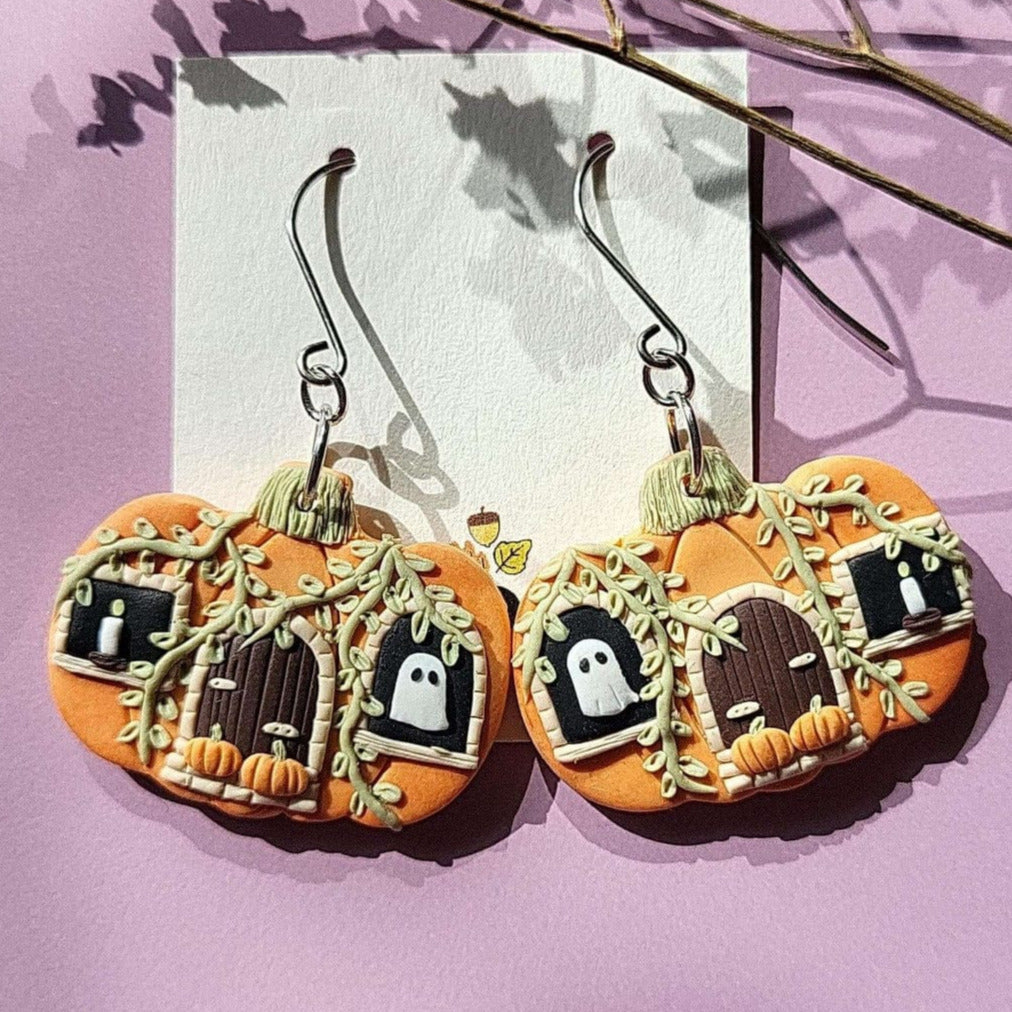 Spooky Halloween pumpkin house earrings with cute ghost