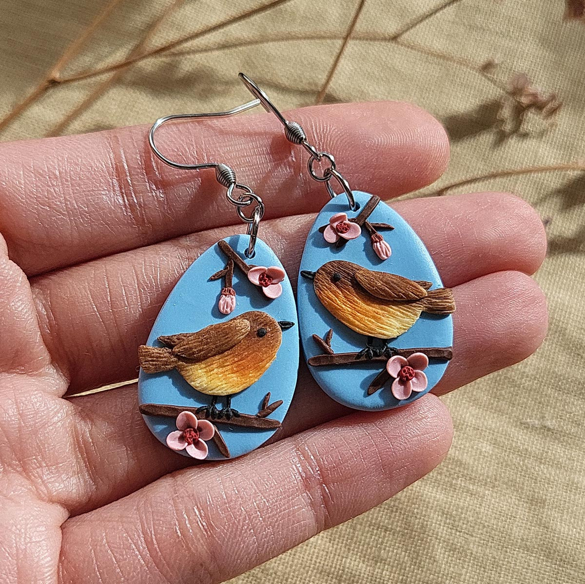 Handmade cute Robin bird polymer clay earrings - Rankų darbo auskarai „Liepsnelės“