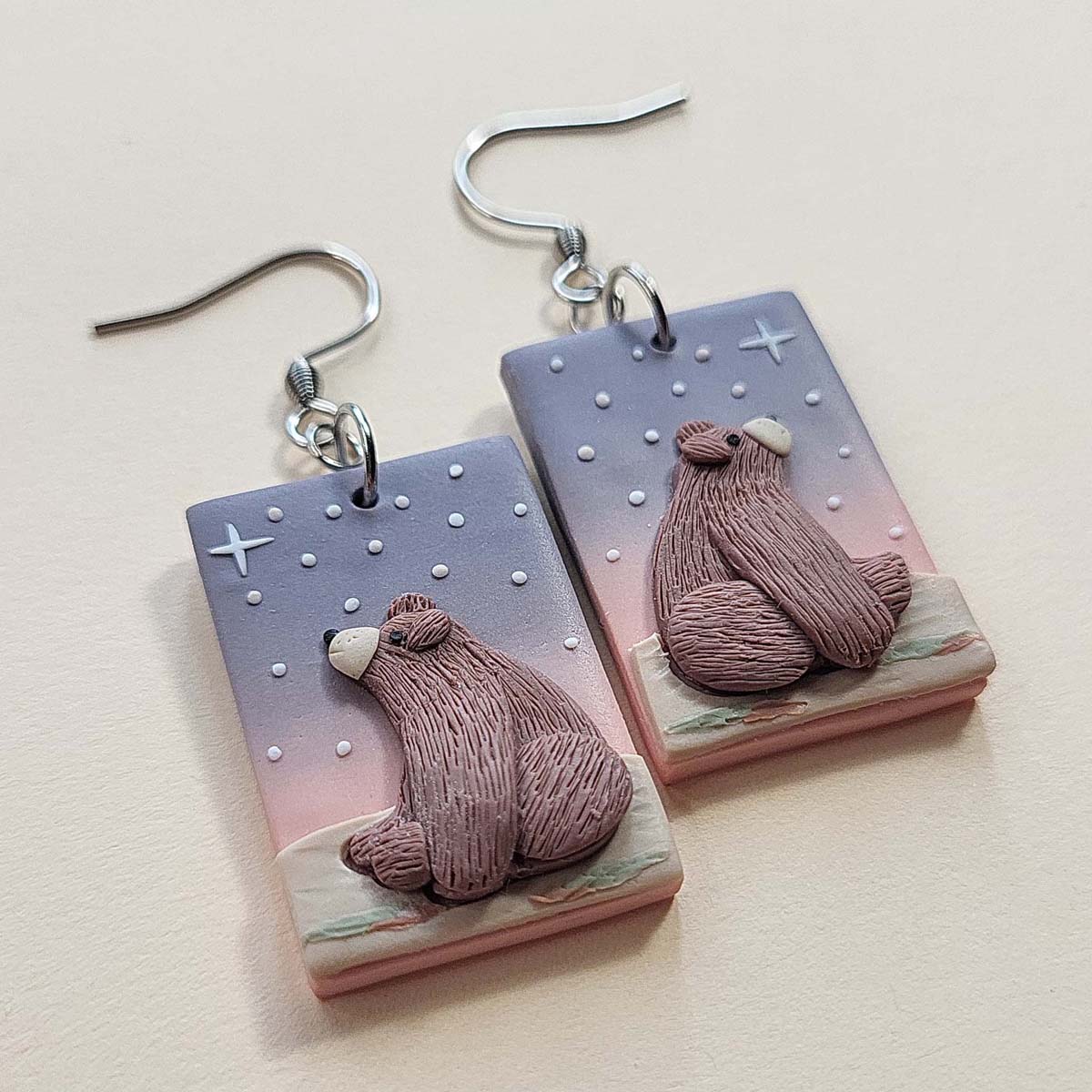 Handmade Grizzly bear polymer clay earrings, cute bear lover jewelry gift for women – Rankų darbo auskarai su meškiukais 