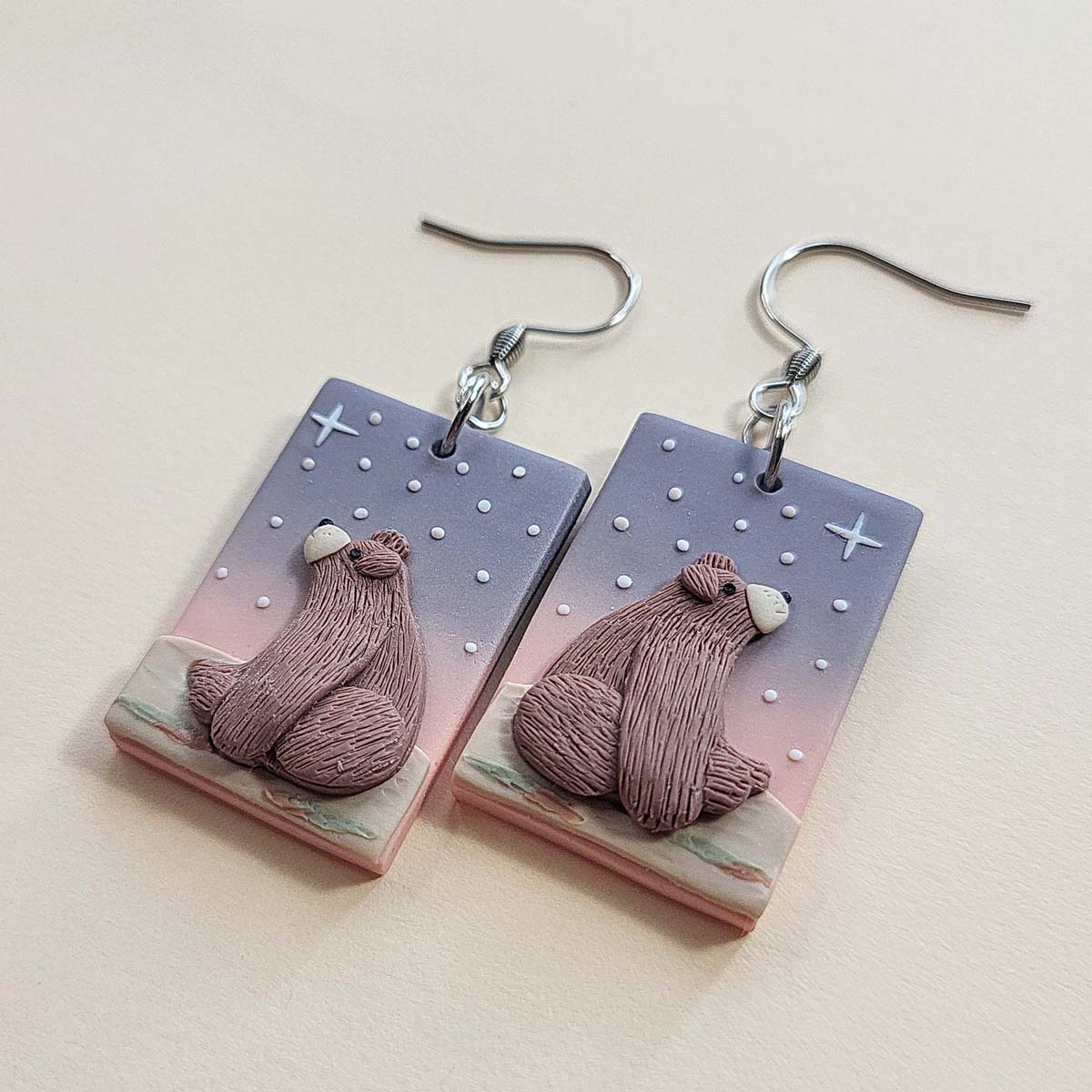 Handmade Grizzly bear polymer clay earrings, cute bear lover jewelry gift for women – Rankų darbo auskarai su meškiukais 