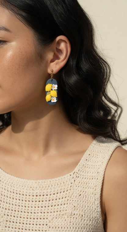 Handmade lemon floral polymer clay earrings - Rankų darbo auskarai su citrinomis