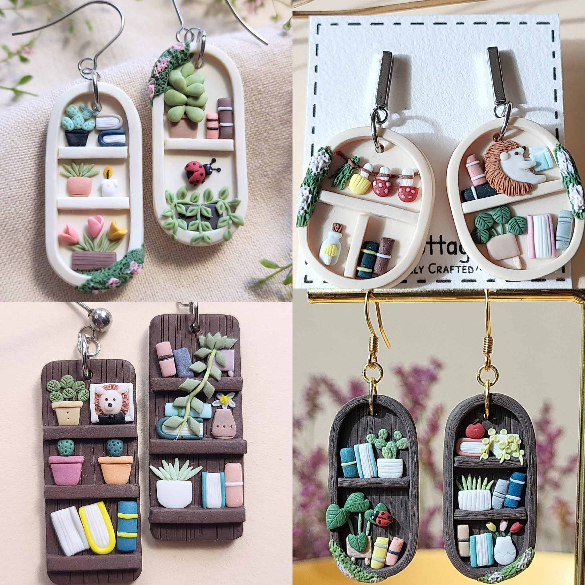 Handmade cottagecore bookshelf polymer clay earrings with plants - Unique jewelry gift for plant and book lovers